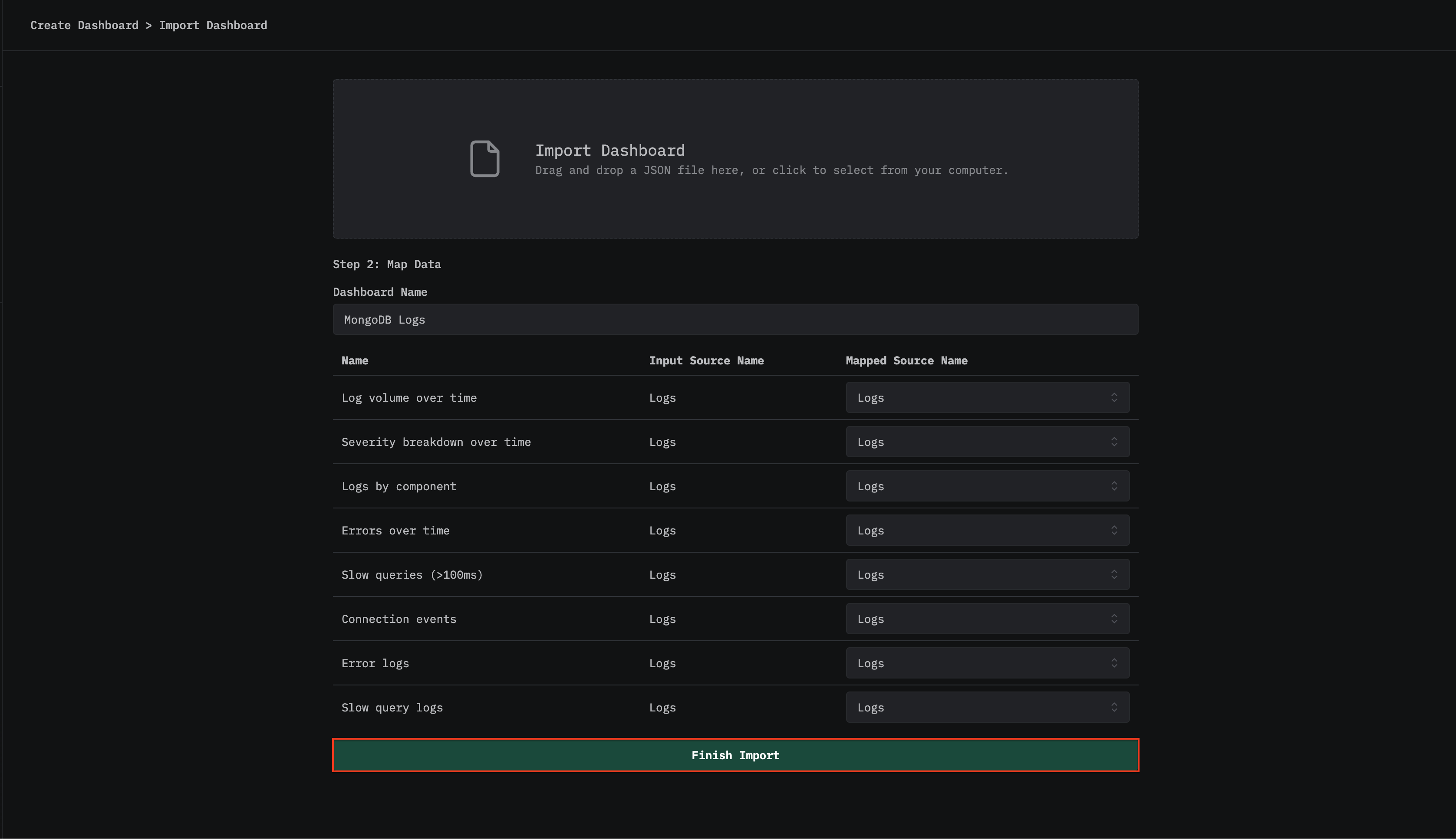 Завершение импорта панели мониторинга логов MongoDB